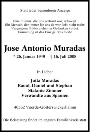 Traueranzeigen Von Jose Antonio Muradas Trauer In Nrw De