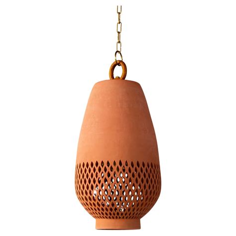 Large Terracotta Ceramic Pendant Light Oiled Bronze Diamantes Atzompa