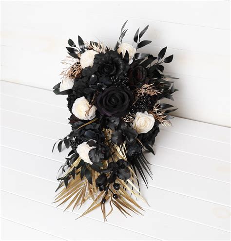 Black Gold Ivory Roses Wedding Bouquet Black Gold Ivory Cascading