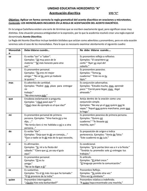 Tilde Diacritica En Monosilabos UNIDAD EDUCATIVA HORIZONTES A