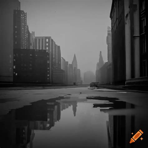 Gloomy Black And White Cityscape With A Gray Sky And Puddle On The