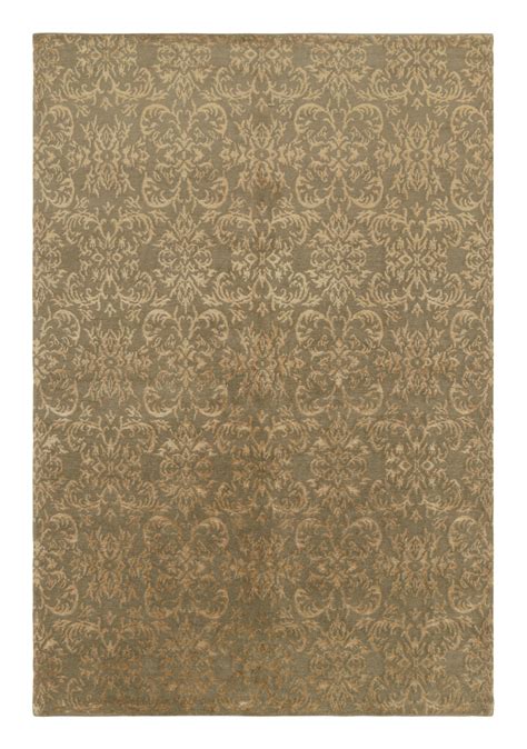 European Rug In Beige Gold And Green Arabesque Pattern
