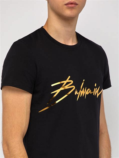 Balmain Signature Logo Cotton T Shirt In Black Gold Black For Men Lyst