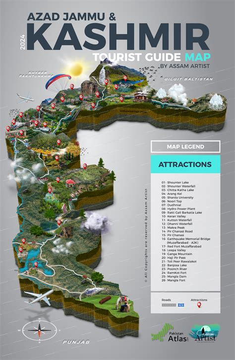 Azad Jammu And Kashmir Tourist Guide Map Assam Artist