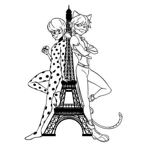 Раскраска Леди Баг и Супер-Кот у Эйфелевой башни распечатать или скачать