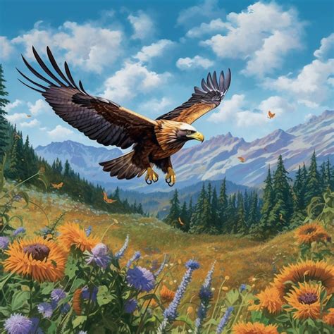 Premium Ai Image A Painting Of A Bald Eagle Flying Over A Mountain