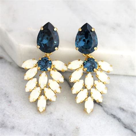 Bridal Blue Navy Earrings Dark Blue Drop Earrings Crystal Etsy