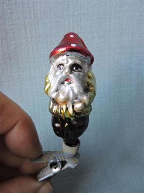 Vtg German Mercury Glass Christmas Ornament GNOME W MUSHROOM HAT 1940s