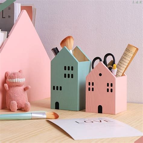 Huis Vorm Houten Potlood Pen Holder Desktop Organi Grandado