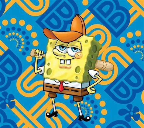 Spongebob Holding A Baseball Bat In Front Of A Blue And Yellow Wallpaper