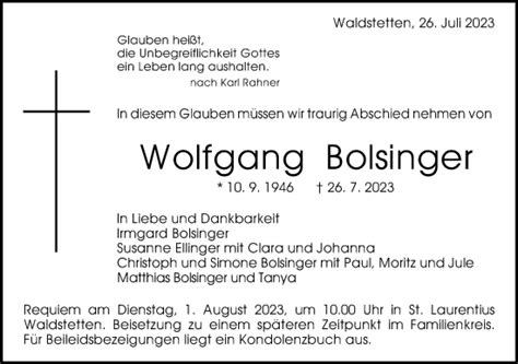 Traueranzeigen Von Wolfgang Bolsinger Ostalbtrauer