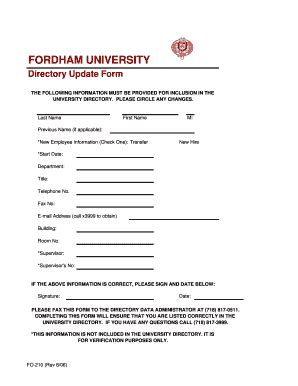 Fillable Online Fordham Directory Update Form Fordham University