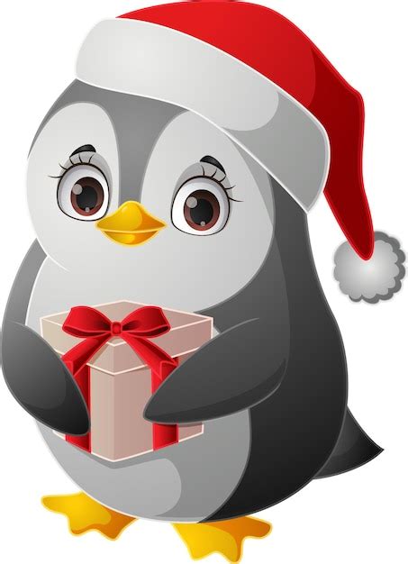 Pingouin Mignon En Bonnet De Noel Tenant Une Bo Te Cadeau Vecteur Premium