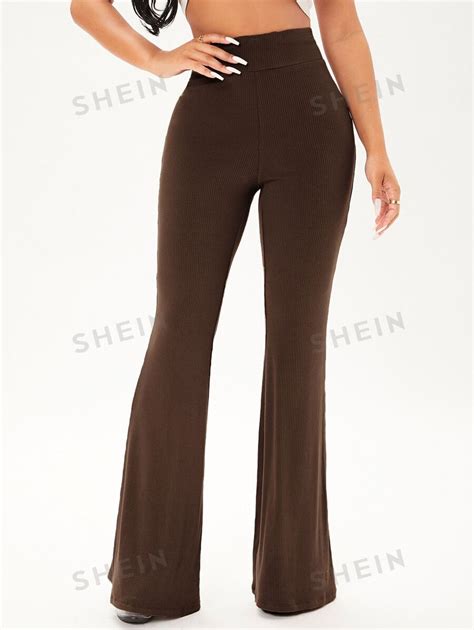 Shein Sxy Solid Rib Knit Flare Leg Trousers Shein Uk