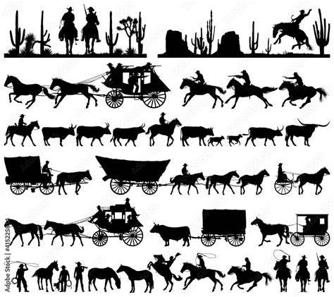 Wild west cowboy with longhorn horse stagecoach carriage icons vector ...