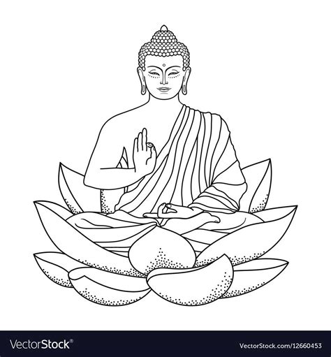 Sitting Outline Buddha On Lotus Isolated On White Background Sign For