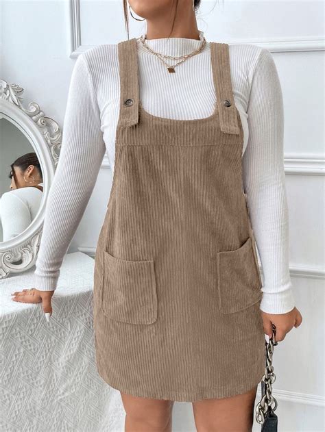 Mocha Brown Casual Collar Sleeveless Corduroy Plain Pinafore