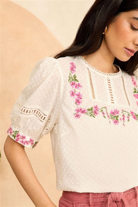 Love Roses Ivory White Embroidered Yoke Puff Sleeve Blouse