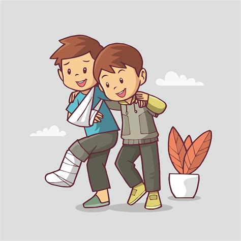 Ilustración De Un Niño Cariñoso Ayuda A Su Amigo Enfermo A Caminar Vector Premium