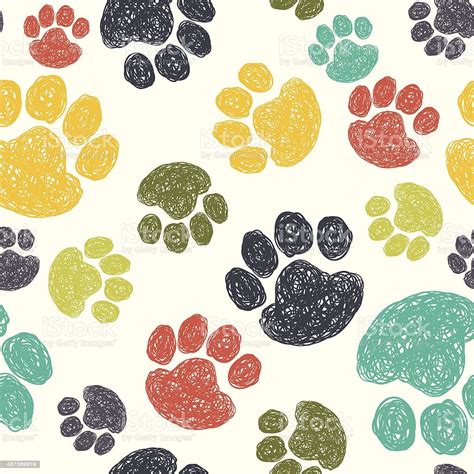 Cute Seamless Pattern With Colorful Hand Drawn Doodle Paw Prints