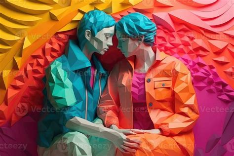 Lesbian Couple Hugging Each Other Illustration In Paper Art Style For