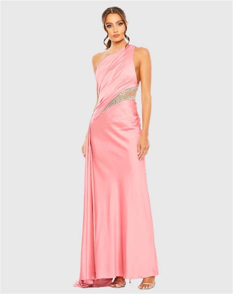 Mac Duggal One Shoulder Embellished Satin Gown In Coral Modesens