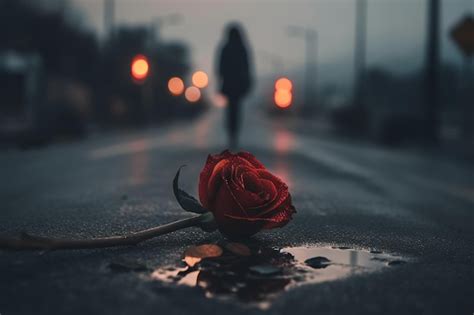 Una Persona Caminando Bajo La Lluvia Con Una Rosa Roja En El Suelo