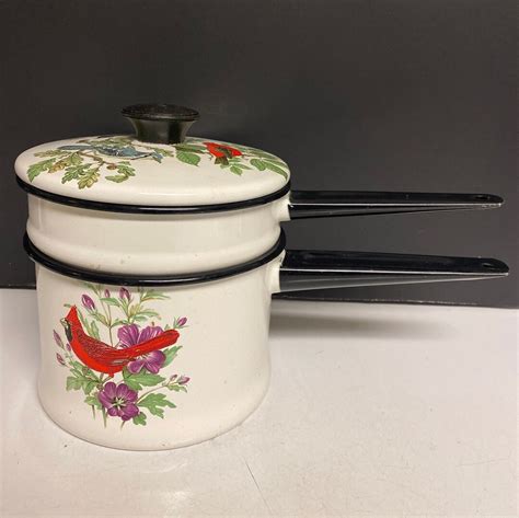 Invento White Enamelware Double Boiler Pan Set Bird Themed Etsy