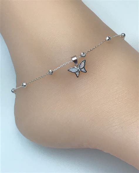 Butterfly Anklet Sterling Silver Beaded Ankle Bracelet Dainty White