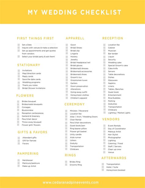 Free Printable Wedding Planning Check List Cedar And Pine Events