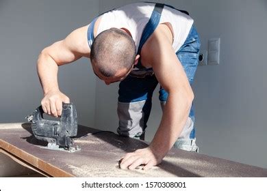 Closeup Hand Carpenter Woodworker Professional Cutting Stock Photo