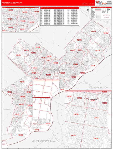 Philadelphia County Pa Zip Code Wall Map Red Line Style By Marketmaps