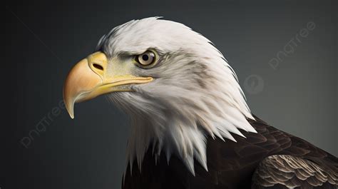 The Head Of An Individual Bald Eagle Is Shown Against Gray Background