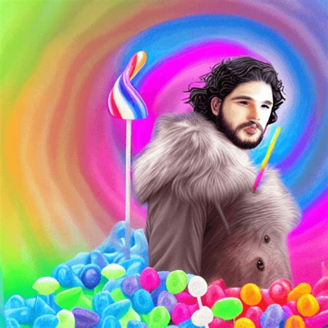 Super Realistic Whimsical Jon Snow Eating A Rainbow Swirled Lollipop