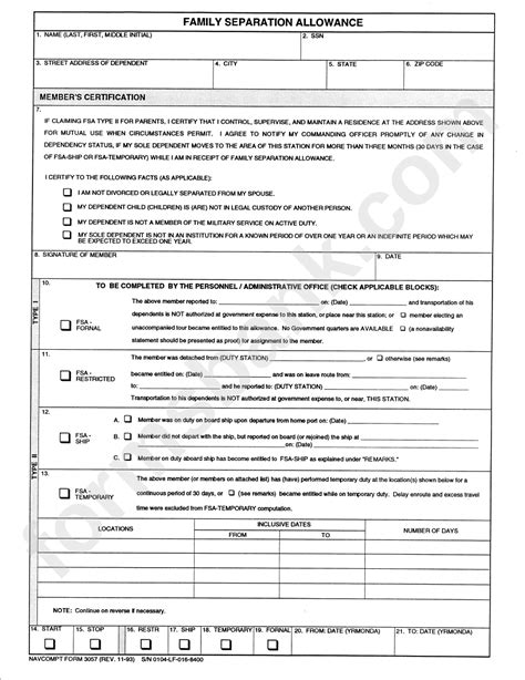 Form 3057 Family Separation Allowance printable pdf download