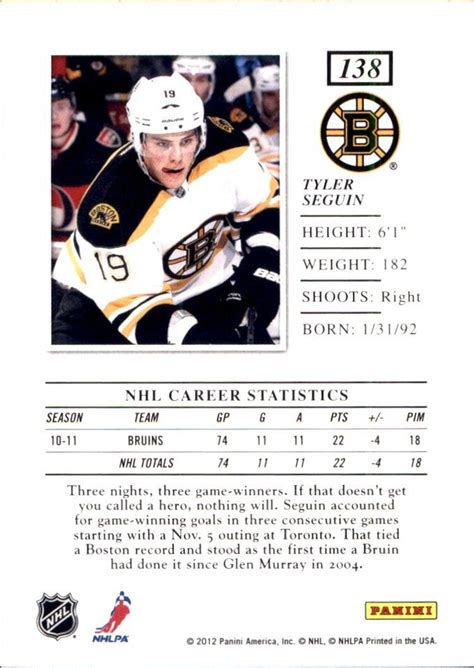 Tyler Seguin BOSTON BRUINS 2011 12 Panini Elite 138 EBay