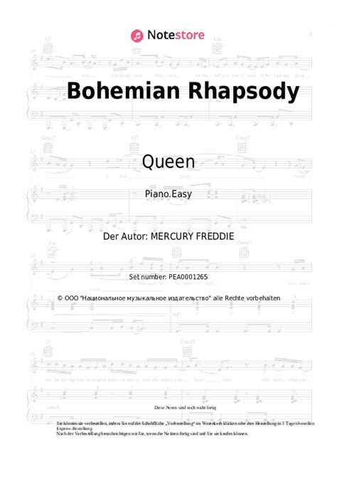 Bohemian Rhapsody Queen Noten Pdf Einfach Klavier Note Store De