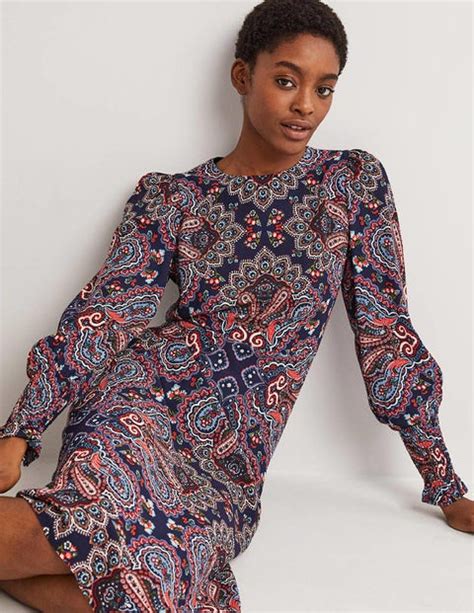 Smocked Cuff Midi Dress Navy Botanic Paisley Boden Us