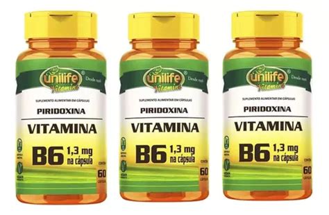 Kit 3 Vitamina B6 1 6mg 180 Cáps Vegana Piridoxina Unilife Frete grátis