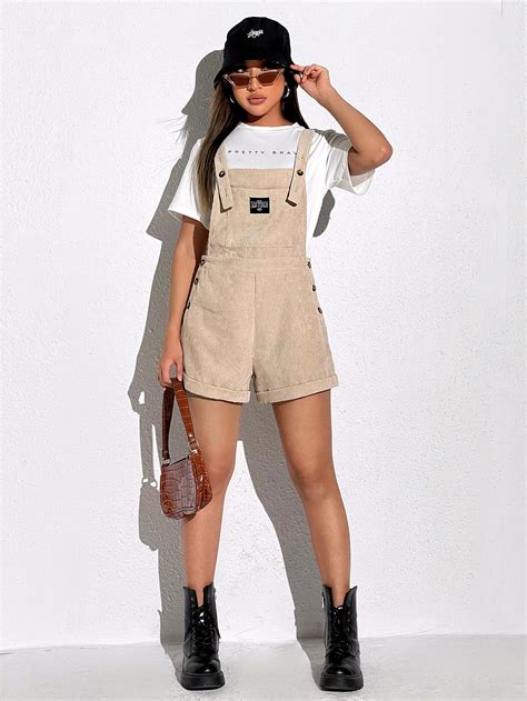 Shein Qutie Patch Detail Roll Hem Corduroy Overall Romper Without Tee