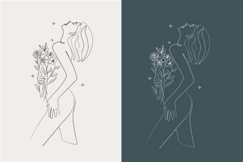 Minimal Line Art Women With Flowers Graphic By Subujayd Creative Fabrica