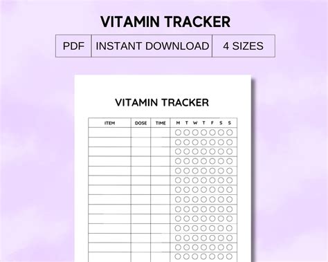 Vitamin Tracker Printable Vitamin Checklist Supplement Checklist