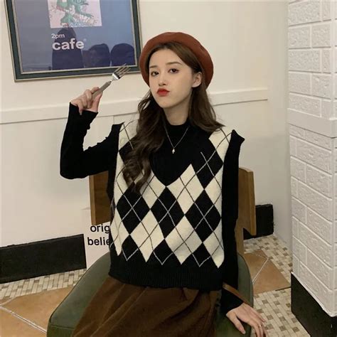 New Argyle Plaid Knitted Sweater Vest Women Preppy Style Autumn