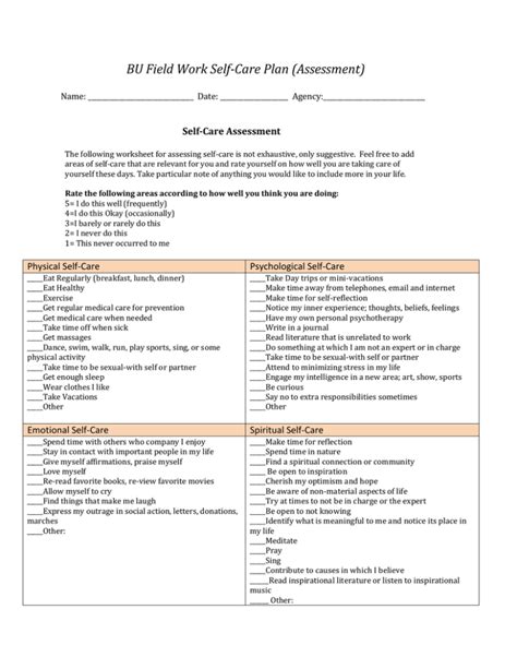 Bu Field Work Self Care Plan Assessment