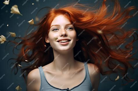 Premium Photo Charming Redhead Female With Freckles Waving Hair