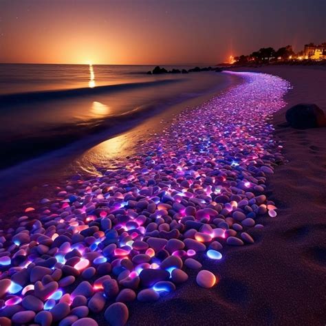 Premium Ai Image Beautiful Sunset On The Beach With Pink And Purple Stones Long Exposure