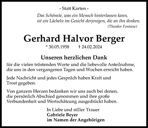 Traueranzeigen Von Gerhard Halvor Berger Trauer Anzeigen De