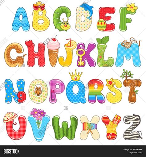 Colorful Children Alphabet Spelled Out With Different Fun Cartoon