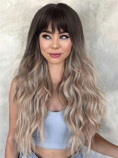 Qgz Wig With Bangs 26 Inch Synthetic Long Curly Wavy Ombre