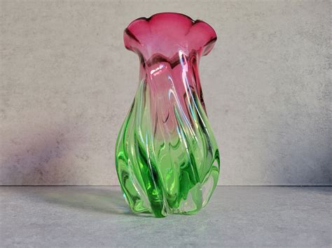 Vintage Pink And Green Vase Swirled Ruffled Edge Hand Blown Art Glass Decorative Heavy Vase Etsy